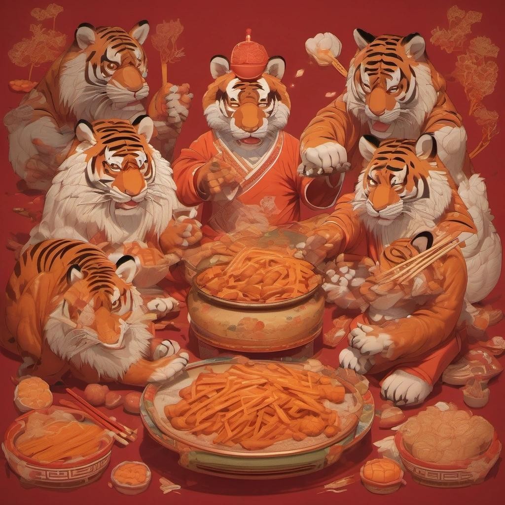 Image with seed 3537859859 generated via Stable Diffusion through @stablehorde@sigmoid.social. Prompt: realistic Traditional Chinese art depicting a friendly group of tigers and bears preparing sweet potato fries they’re about to share with a fox , thick outlines, Centered and frontal, solid colors, flat shadows, (red background:0.4), gold embroidery, muted tones###