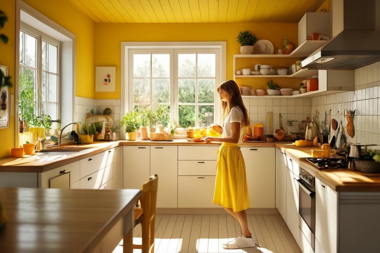 Image with seed 1156384932 generated via Stable Diffusion through @stablehorde@sigmoid.social. Prompt: a girl in a sunny kitchen Style ikea