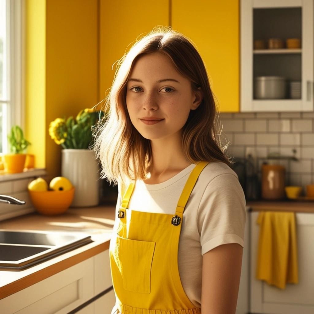 Image with seed 552825577 generated via Stable Diffusion through @stablehorde@sigmoid.social. Prompt: a girl in a sunny kitchen Style ikea