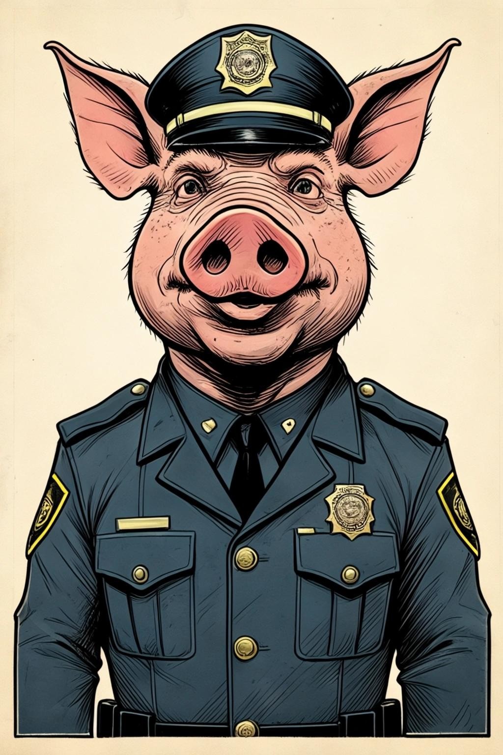 Image with seed 1238826667 generated via Stable Diffusion through @stablehorde@sigmoid.social. Prompt: a comic book drawing of an ugly brutal anthropomorphic pig wearing a police uniform