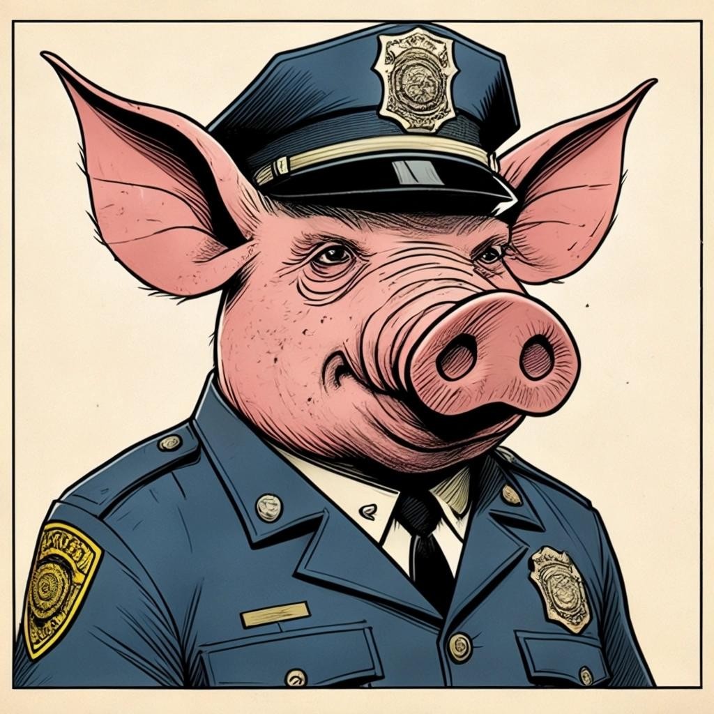 Image with seed 2375483276 generated via Stable Diffusion through @stablehorde@sigmoid.social. Prompt: a comic book drawing of an ugly brutal anthropomorphic pig wearing a police uniform