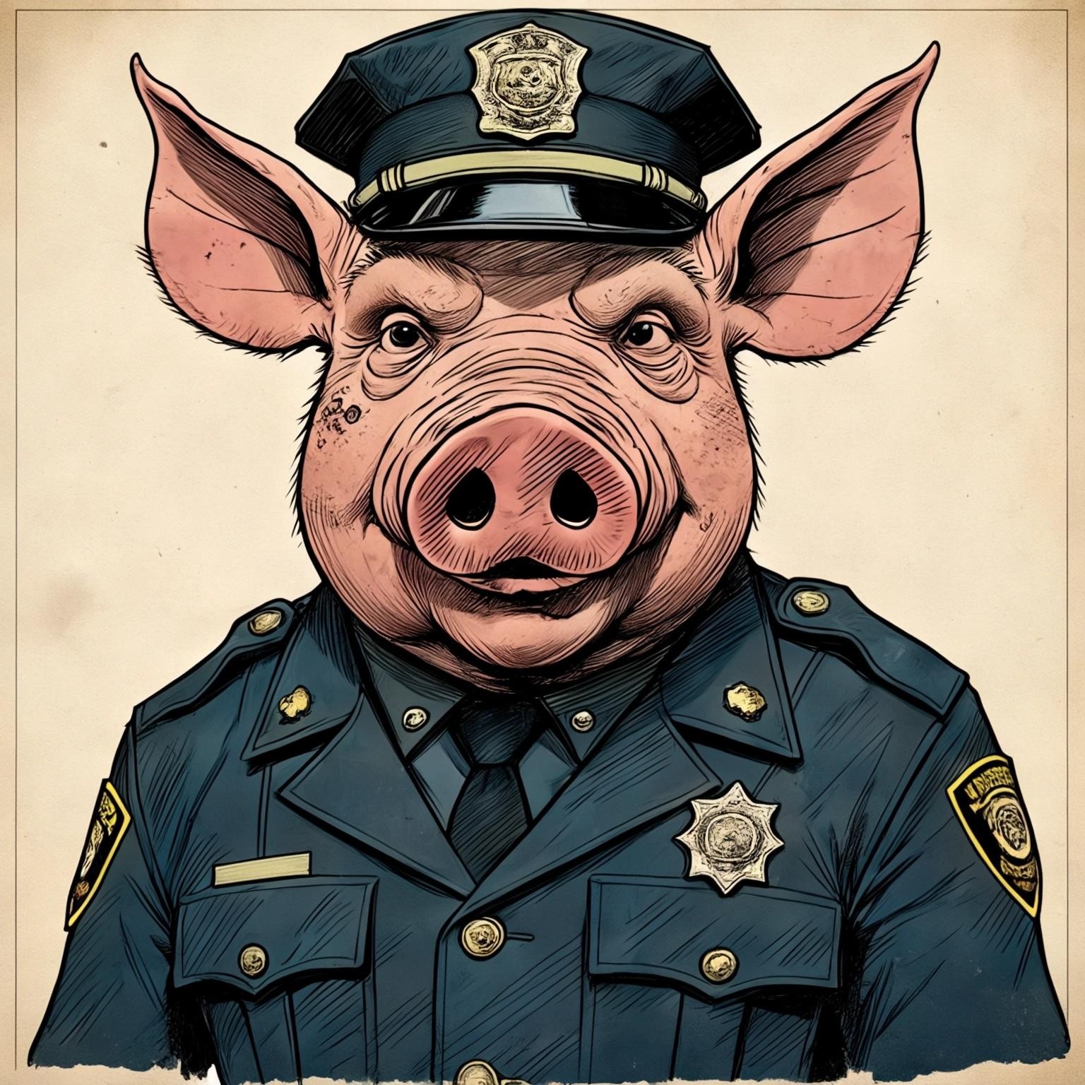 Image with seed 505731513 generated via Stable Diffusion through @stablehorde@sigmoid.social. Prompt: a comic book drawing of an ugly brutal anthropomorphic pig wearing a police uniform