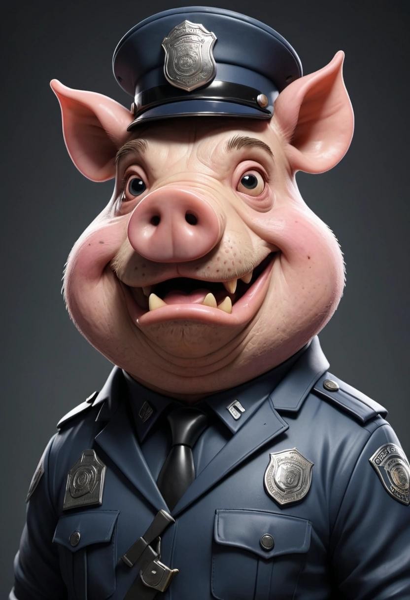 Image with seed 2246221971 generated via Stable Diffusion through @stablehorde@sigmoid.social. Prompt: an ugly brutal anthropomorphic pig wearing a police uniform 