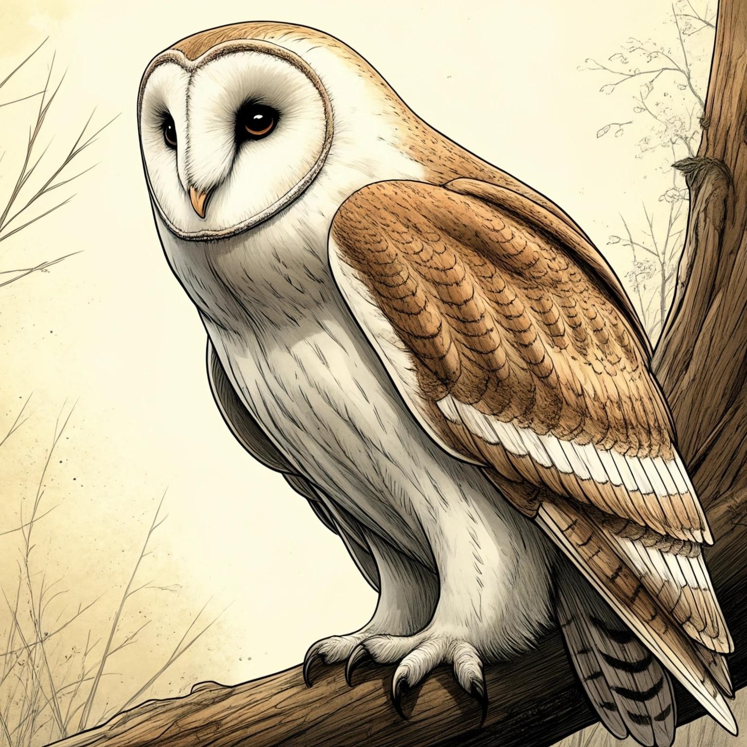 Image with seed 3031108586 generated via Stable Diffusion through @stablehorde@sigmoid.social. Prompt: comic book drawing of a beautiful barn owl, fantasy
