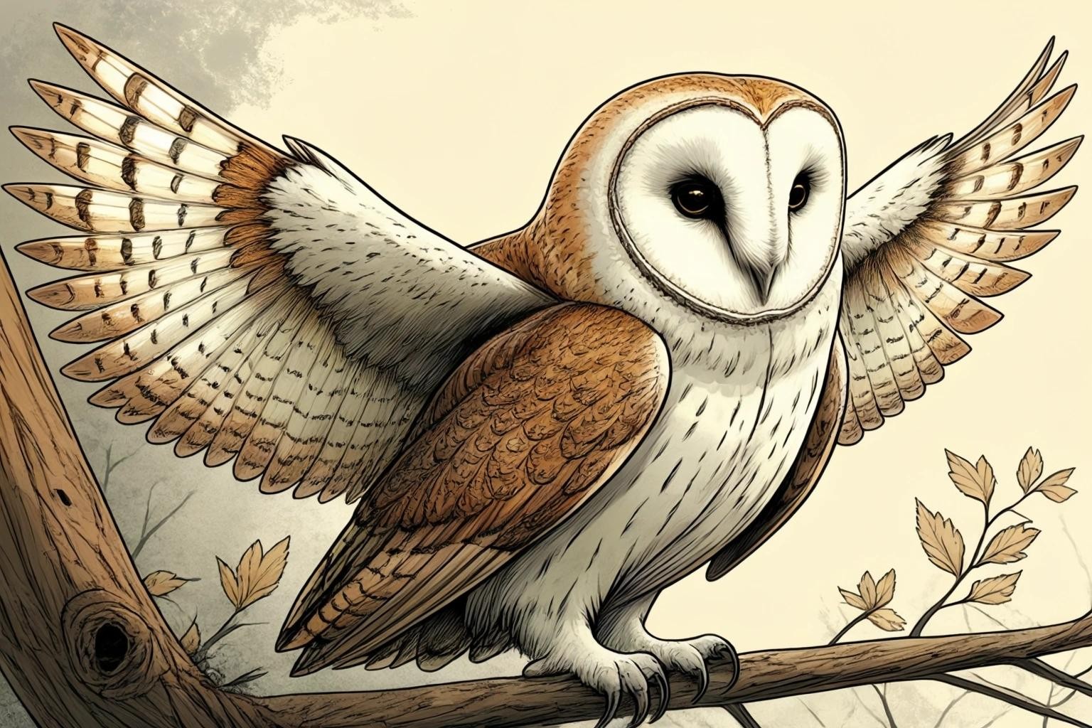 Image with seed 677849418 generated via Stable Diffusion through @stablehorde@sigmoid.social. Prompt: comic book drawing of a beautiful barn owl, fantasy