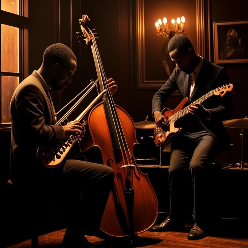 Image with seed 498036245 generated via Stable Diffusion through @stablehorde@sigmoid.social. Prompt: musicians in a jazz club with a bass solo
