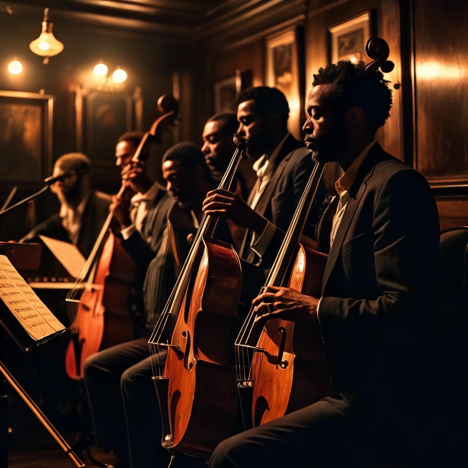 Image with seed 407249565 generated via Stable Diffusion through @stablehorde@sigmoid.social. Prompt: musicians in a jazz club with a bass solo