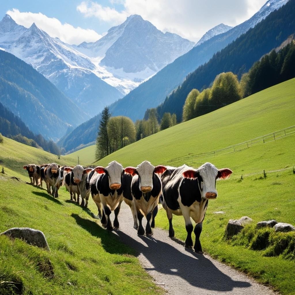 Image with seed 3509375815 generated via Stable Diffusion through @stablehorde@sigmoid.social. Prompt: cows being led to the pasture in the Alps in spring