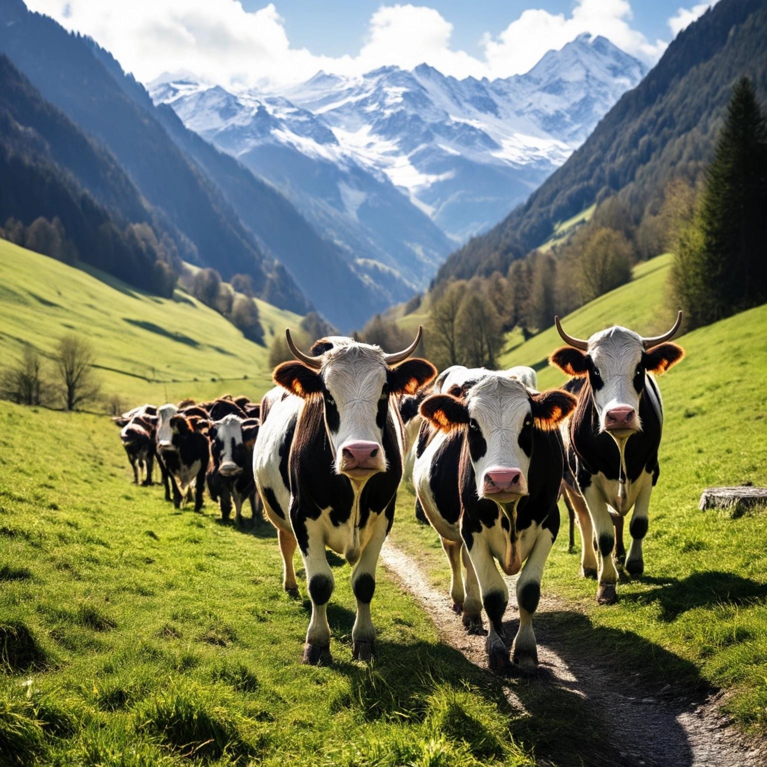 Image with seed 1616785737 generated via Stable Diffusion through @stablehorde@sigmoid.social. Prompt: cows being led to the pasture in the Alps in spring