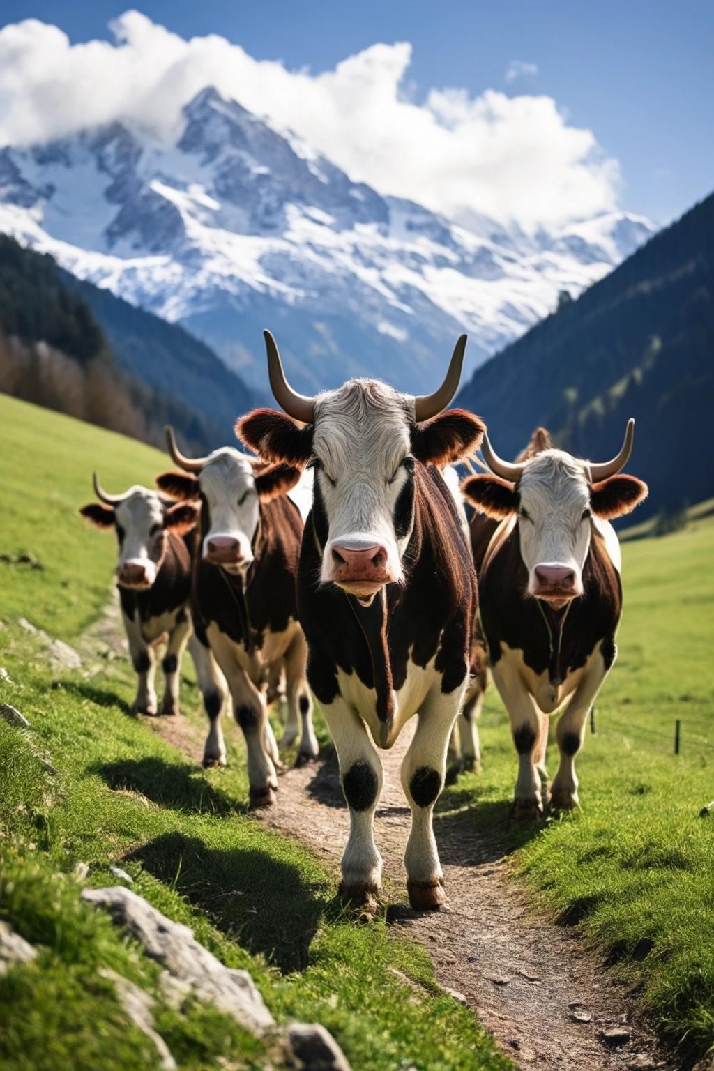 Image with seed 145977446 generated via Stable Diffusion through @stablehorde@sigmoid.social. Prompt: cows being led to the pasture in the Alps in spring