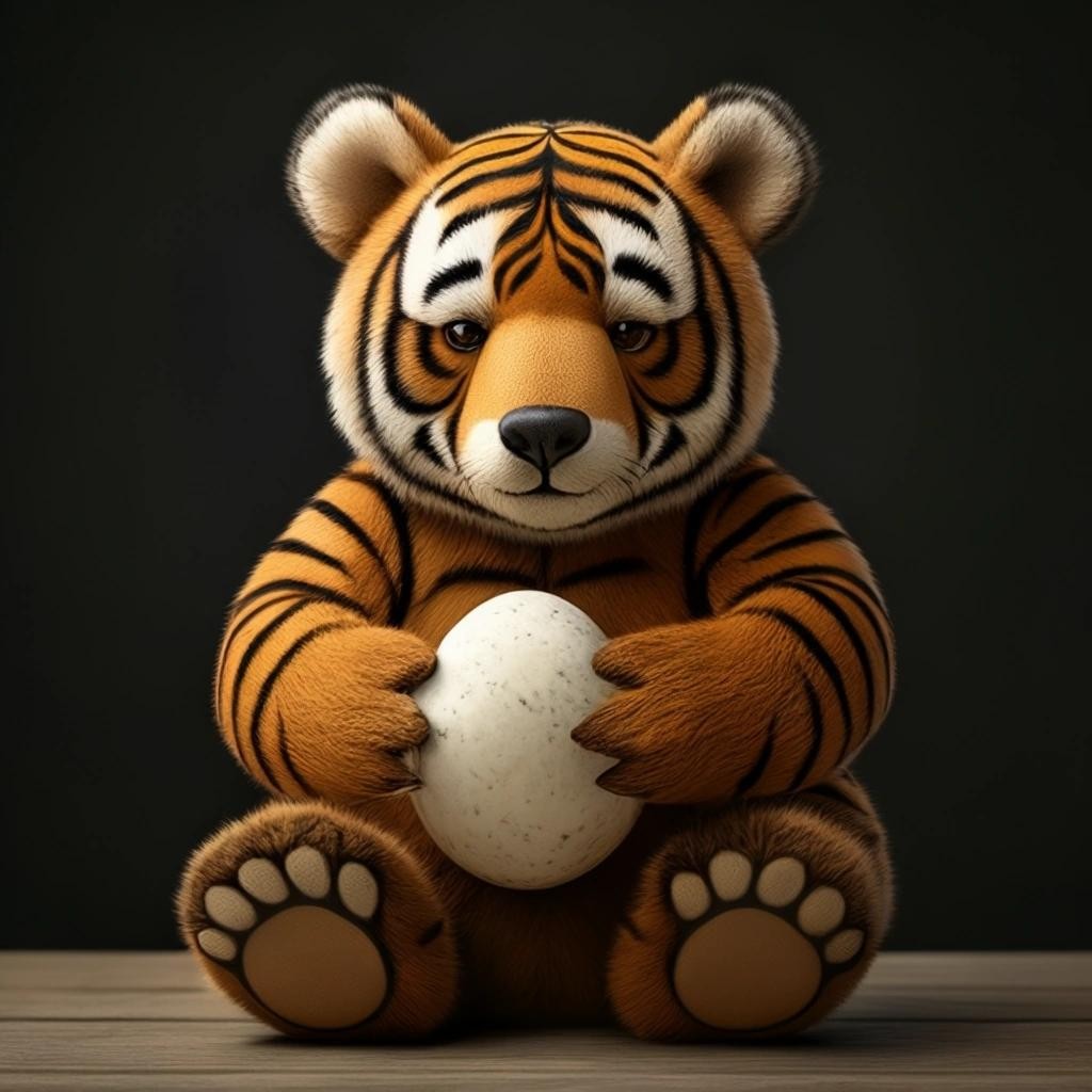 Image with seed 489983140 generated via Stable Diffusion through @stablehorde@sigmoid.social. Prompt: a bear wearing a tiger costume holding an egg 