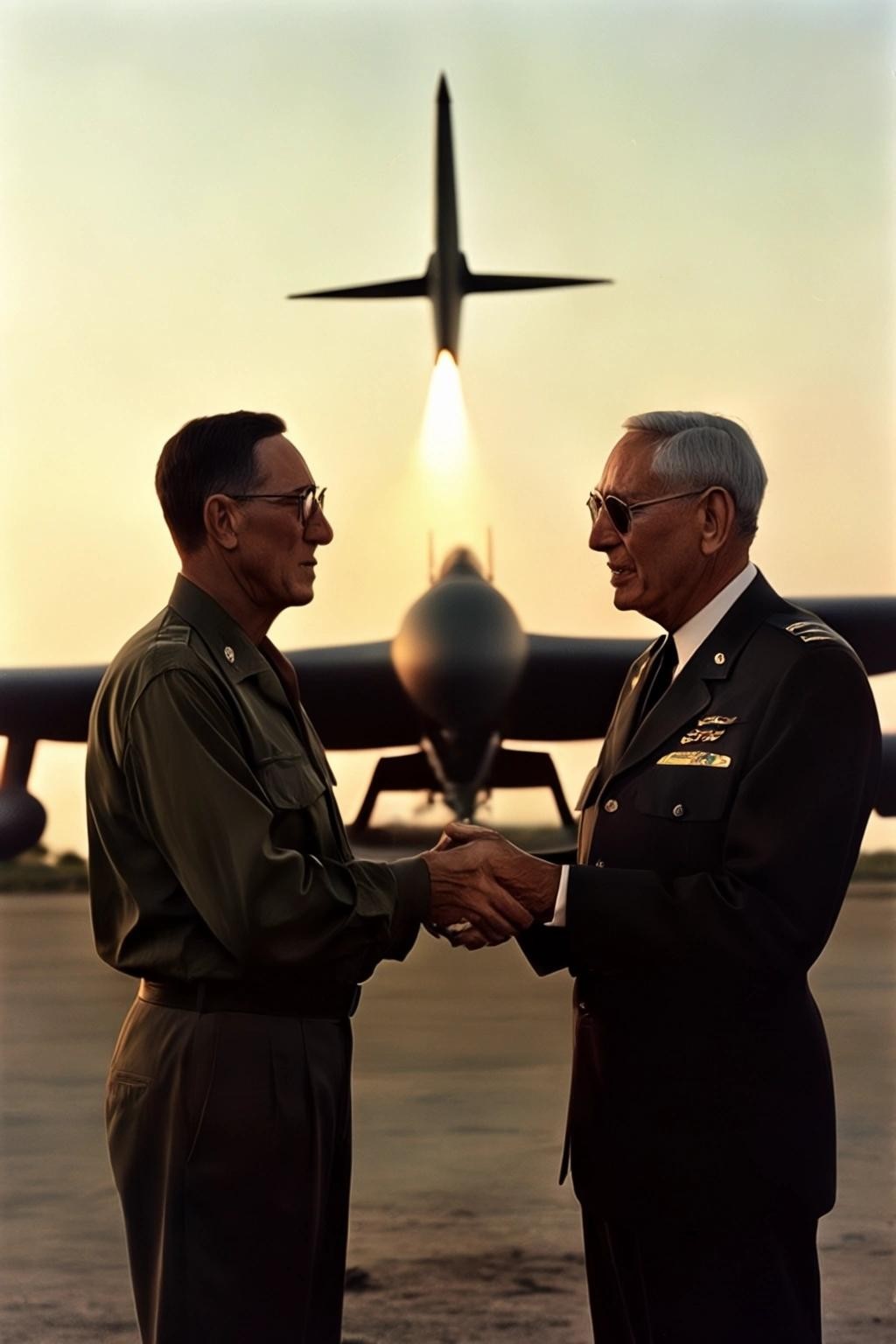Image with seed 865732469 generated via Stable Diffusion through @stablehorde@sigmoid.social. Prompt: Henry Kissinger blessing a B52 bomber on a Vietnam airfield in a tropical evening