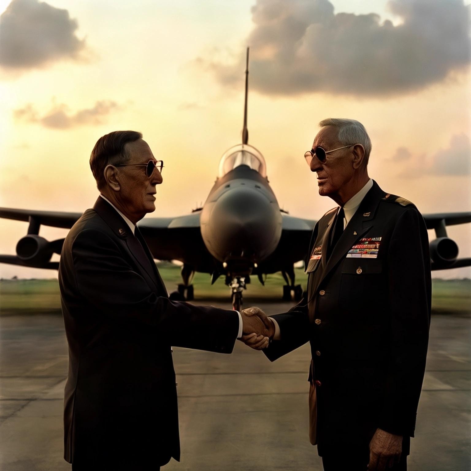 Image with seed 1651004859 generated via Stable Diffusion through @stablehorde@sigmoid.social. Prompt: Henry Kissinger blessing a B52 bomber on a Vietnam airfield in a tropical evening