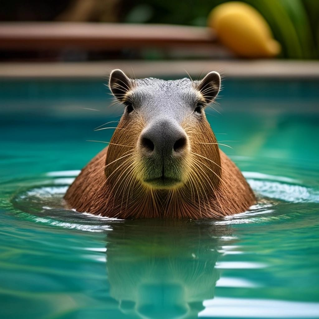 Image with seed 2671668956 generated via Stable Diffusion through @stablehorde@sigmoid.social. Prompt: a capybara swimming in a pool of caipirinha