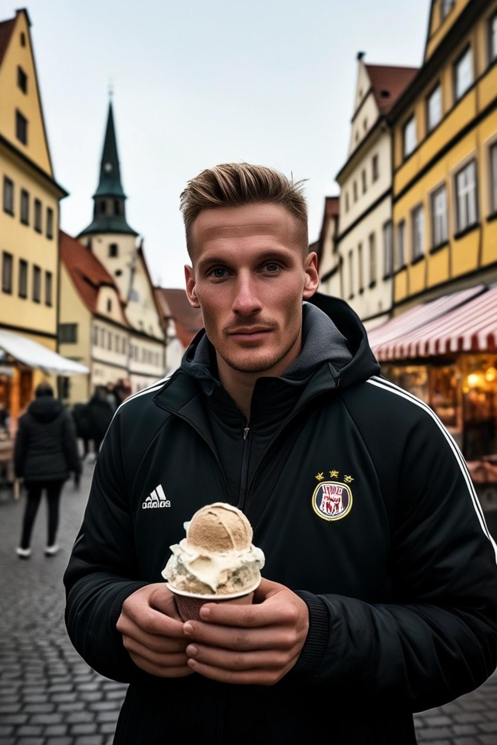 Image with seed 1291698020 generated via Stable Diffusion through @stablehorde@sigmoid.social. Prompt: a German soccer star eating ice cream on a market Square in an old German town, mario basler Rothenburg