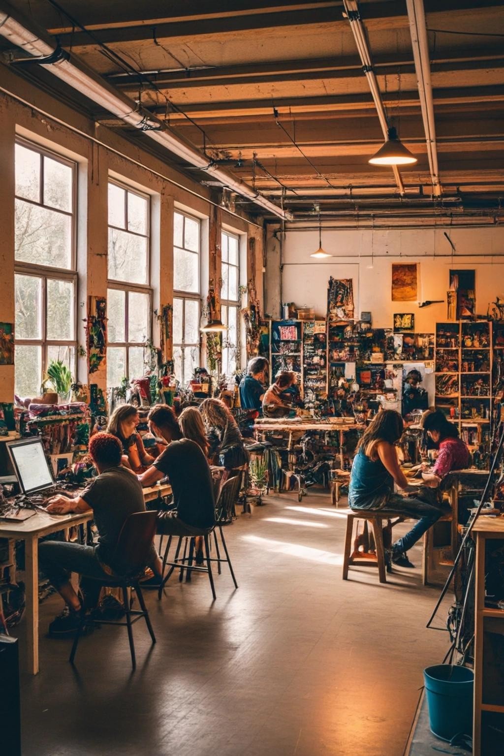 Image with seed 2247818785 generated via Stable Diffusion through @stablehorde@sigmoid.social. Prompt: the inside of a hackerspace where people are sitting together doing various projects