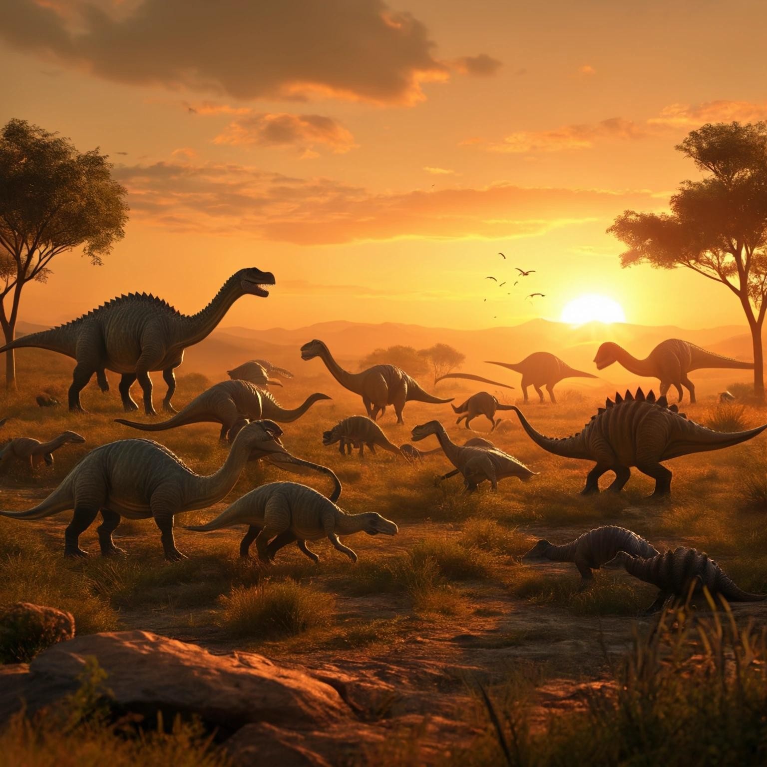 Image with seed 3153811502 generated via Stable Diffusion through @stablehorde@sigmoid.social. Prompt: ten dinosaurs, with some eating grass and shrubs and others eating meat,  in wilderness at sunset