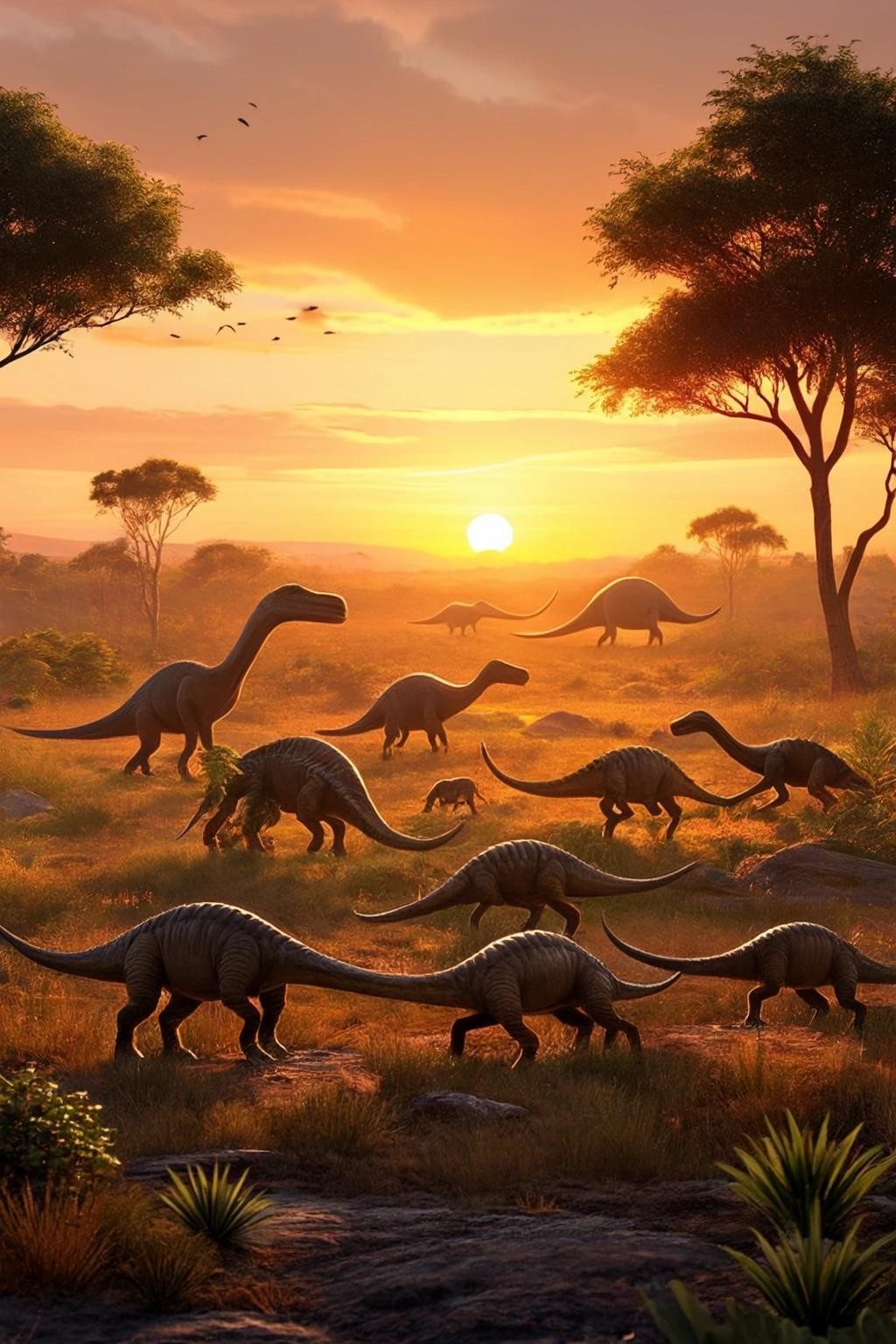 Image with seed 692178696 generated via Stable Diffusion through @stablehorde@sigmoid.social. Prompt: ten dinosaurs, with some eating grass and shrubs and others eating meat,  in wilderness at sunset