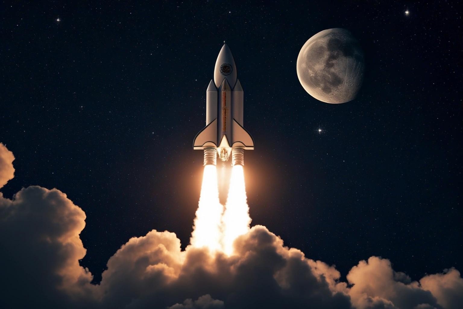 Image with seed 2211228581 generated via Stable Diffusion through @stablehorde@sigmoid.social. Prompt: a rocket in space flying to the moon with stars in background