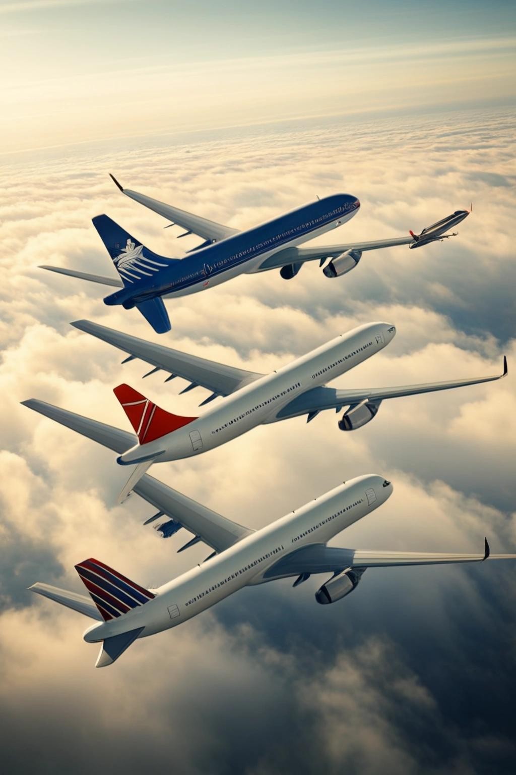 Image with seed 972104624 generated via Stable Diffusion through @stablehorde@sigmoid.social. Prompt: four passenger air planes from different airlines encountering each other in the air