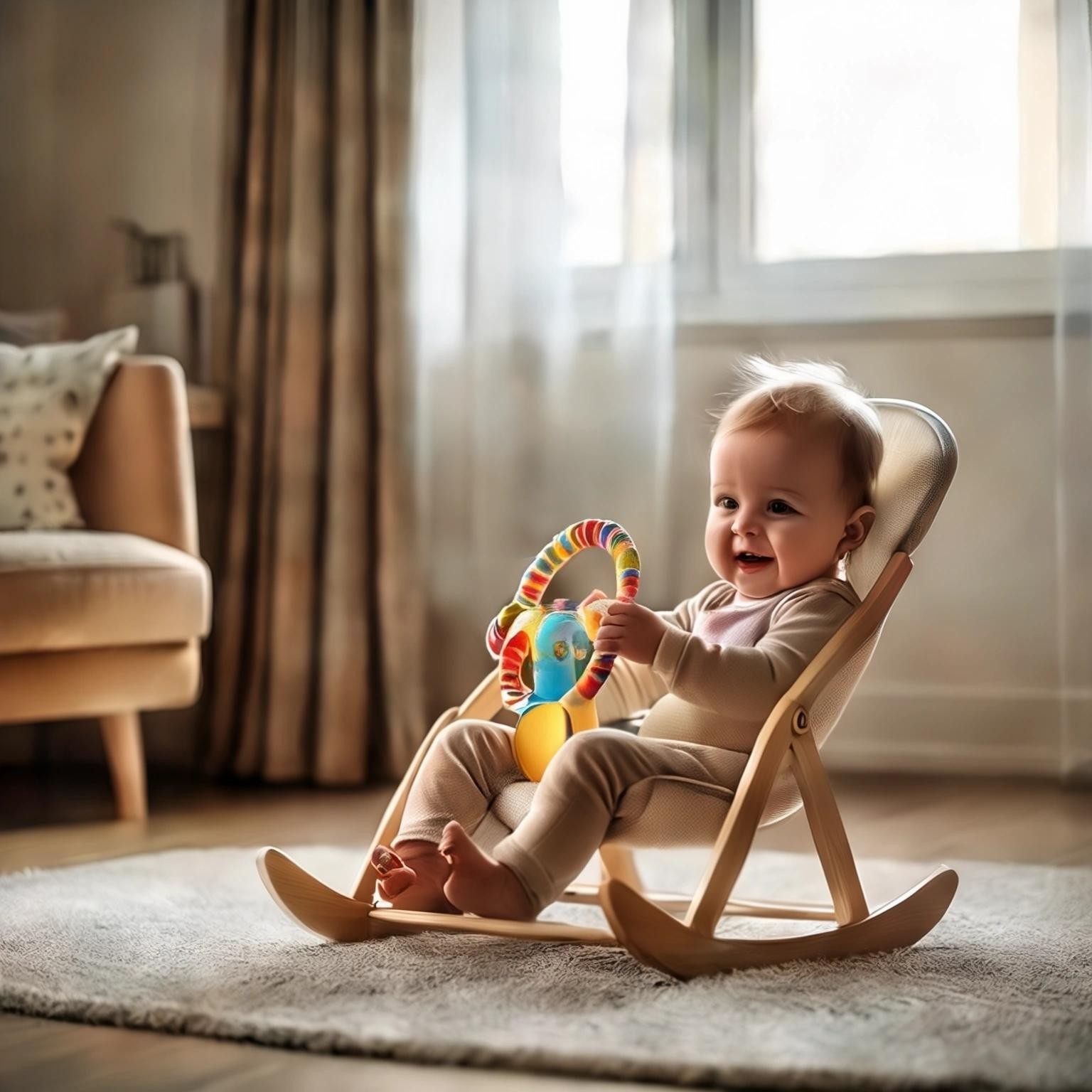 Image with seed 1957412573 generated via Stable Diffusion through @stablehorde@sigmoid.social. Prompt: a baby sitting in a baby chair in the living room, playing with toys