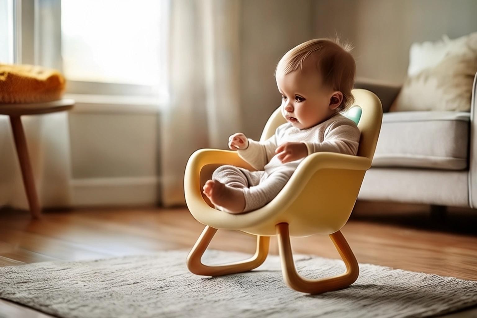 Image with seed 4219386698 generated via Stable Diffusion through @stablehorde@sigmoid.social. Prompt: a baby sitting in a baby chair in the living room, playing with toys