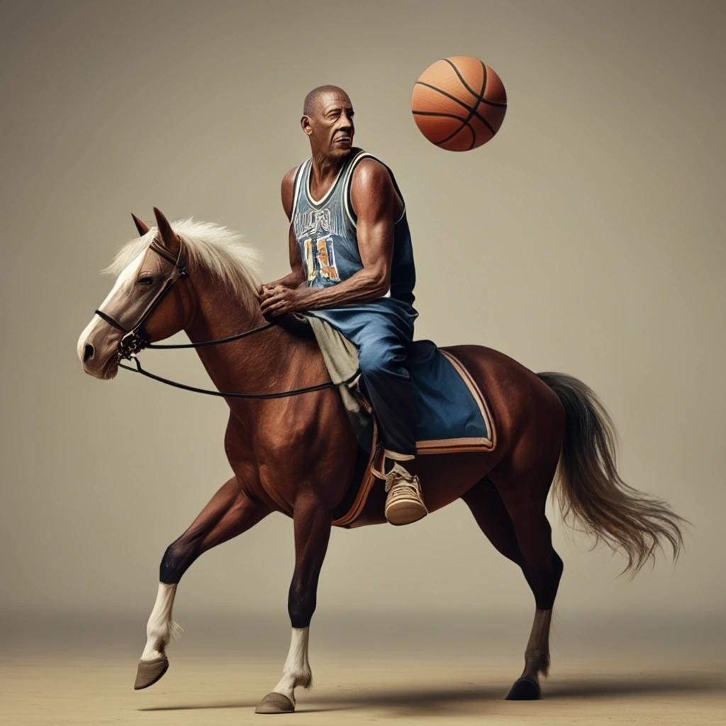 Image with seed 4065106805 generated via Stable Diffusion through @stablehorde@sigmoid.social. Prompt: a 52 year old bold headed man playing basketball on a horse