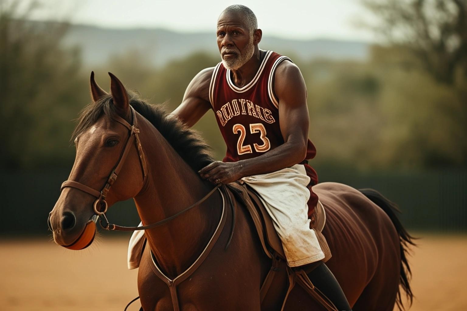 Image with seed 4103544941 generated via Stable Diffusion through @stablehorde@sigmoid.social. Prompt: a 52 year old bold headed man playing basketball on a horse