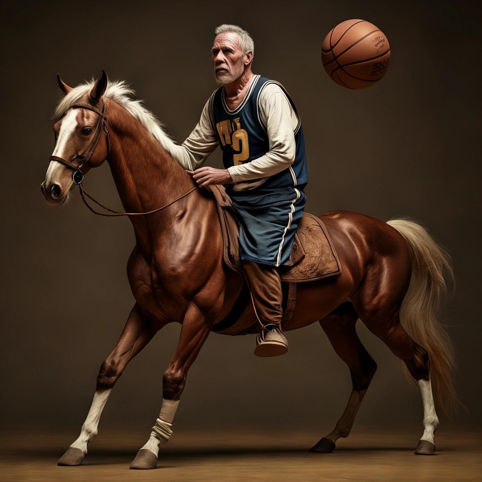 Image with seed 3463845279 generated via Stable Diffusion through @stablehorde@sigmoid.social. Prompt: a 52 year old bold headed man playing basketball on a horse