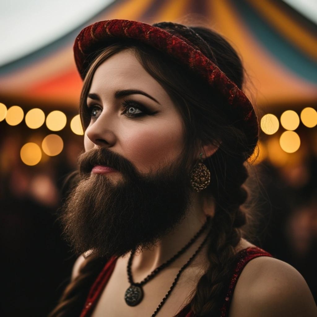 Image with seed 768795065 generated via Stable Diffusion through @stablehorde@sigmoid.social. Prompt: a picture of a bearded woman at a wandering circus