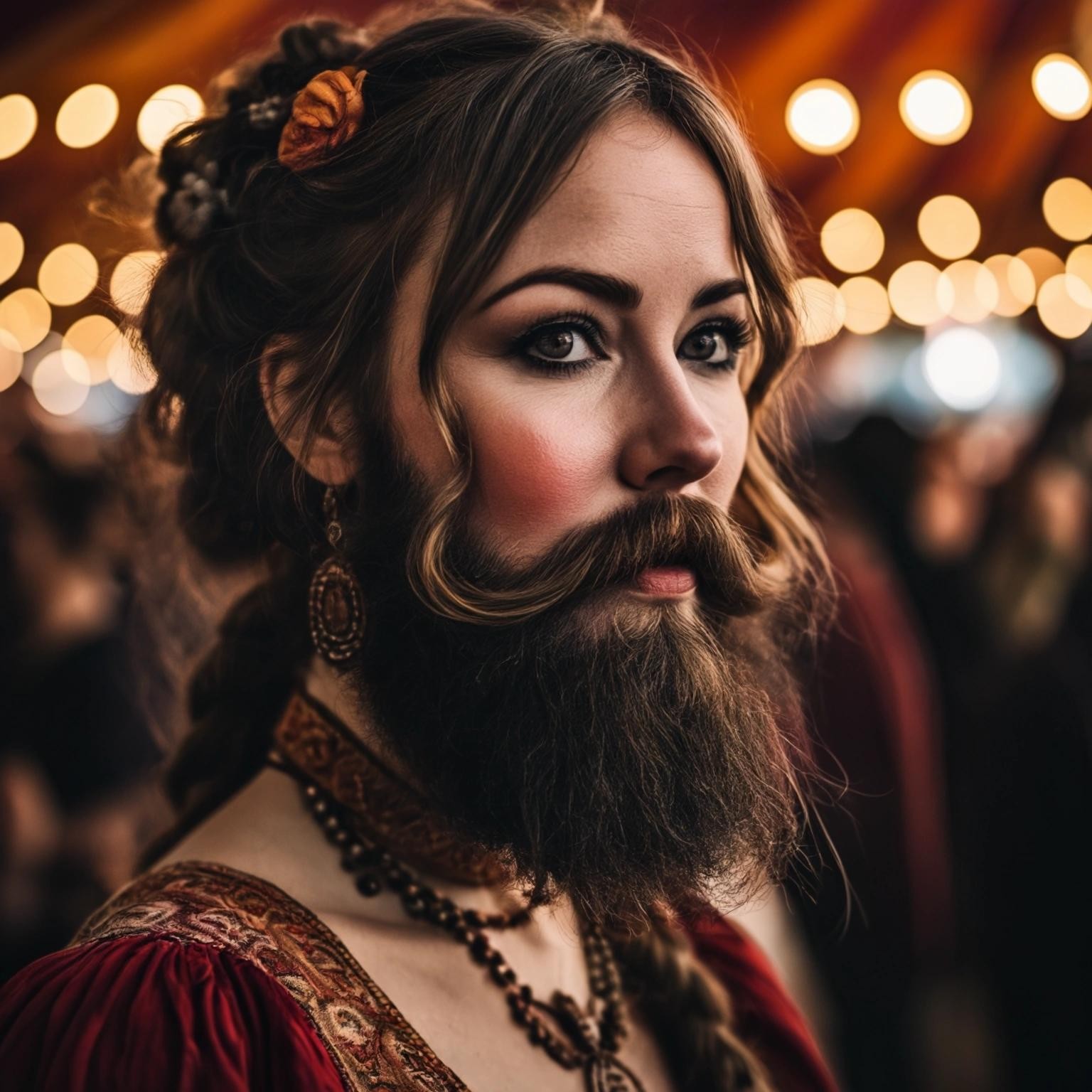 Image with seed 1406738664 generated via Stable Diffusion through @stablehorde@sigmoid.social. Prompt: a picture of a bearded woman at a wandering circus