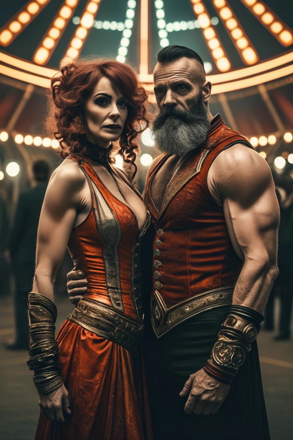Image with seed 281756956 generated via Stable Diffusion through @stablehorde@sigmoid.social. Prompt: a picture of a middle aged bearded woman and a strong man at a wandering circus in a futuristic setting