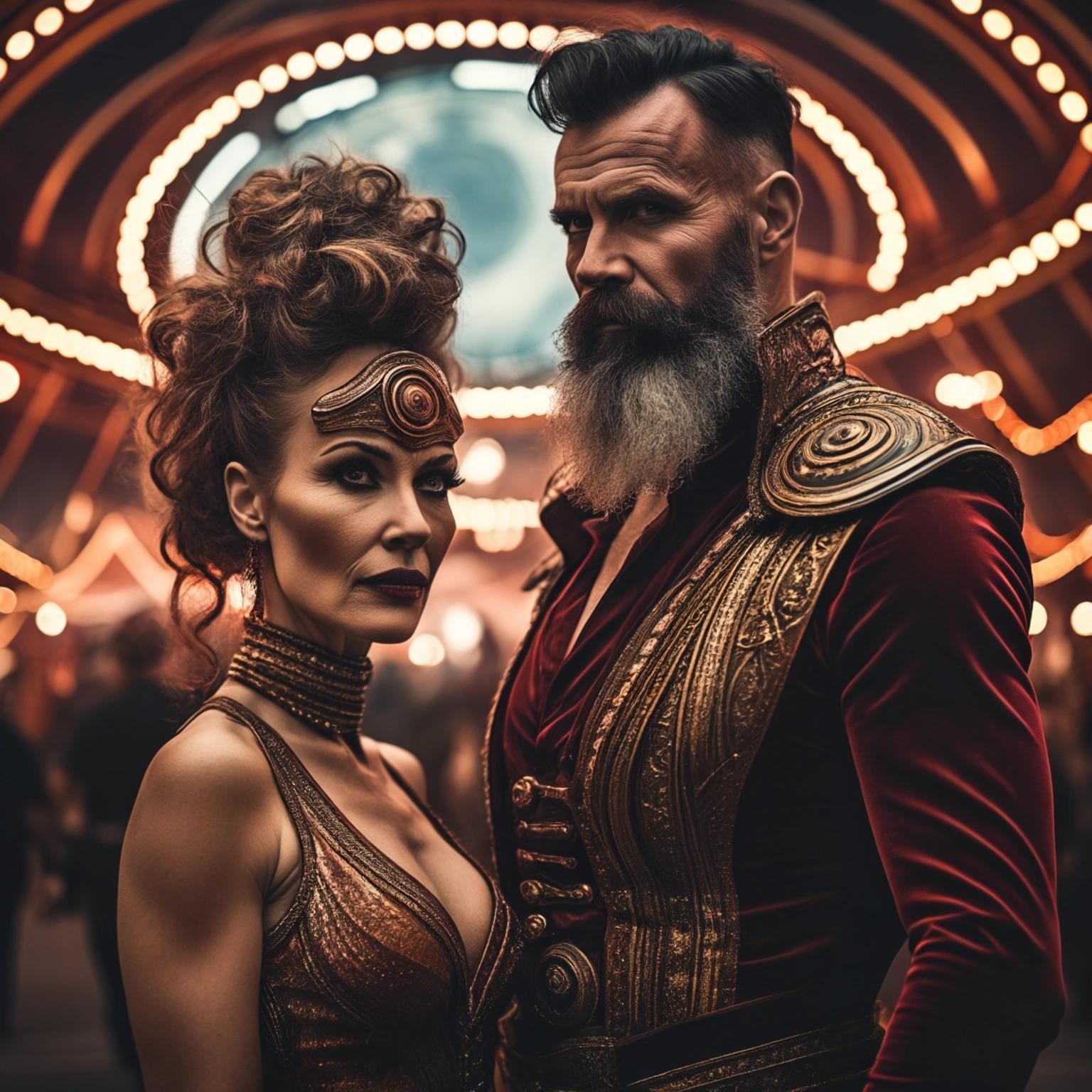 Image with seed 3102349496 generated via Stable Diffusion through @stablehorde@sigmoid.social. Prompt: a picture of a middle aged bearded woman and a strong man at a wandering circus in a futuristic setting