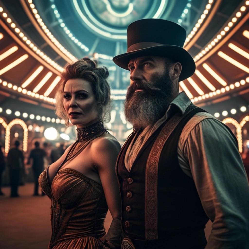 Image with seed 1090678642 generated via Stable Diffusion through @stablehorde@sigmoid.social. Prompt: a picture of a middle aged bearded woman and a strong man at a wandering circus in a futuristic setting