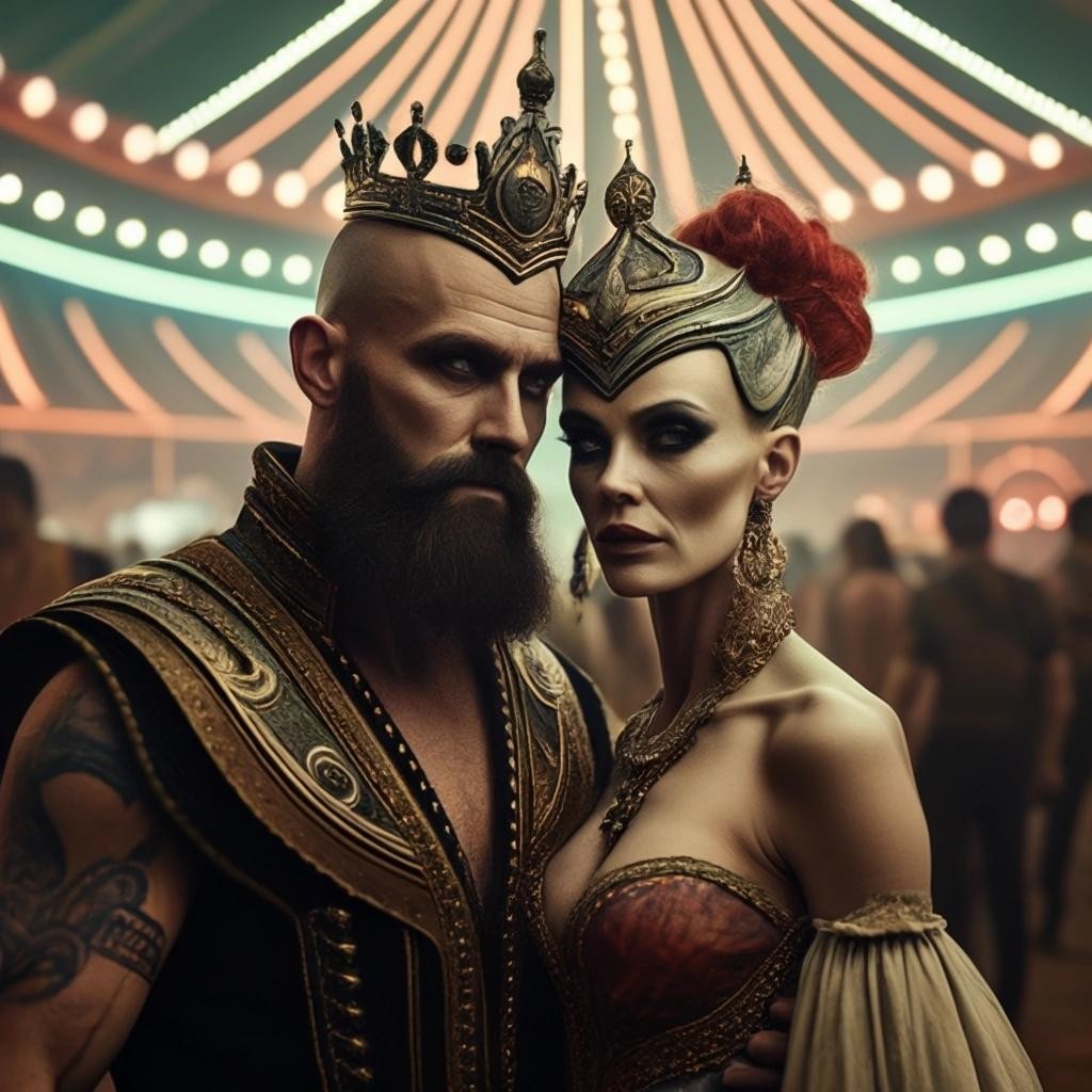 Image with seed 801519005 generated via Stable Diffusion through @stablehorde@sigmoid.social. Prompt: a strong man with shaved crown and a motherly bearded woman at a wandering circus in a futuristic setting