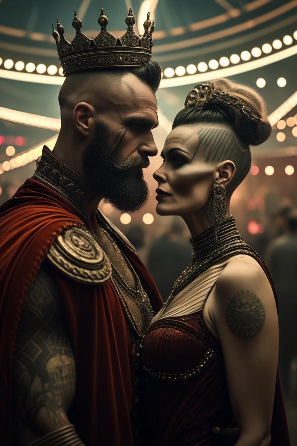 Image with seed 3341906171 generated via Stable Diffusion through @stablehorde@sigmoid.social. Prompt: a strong man with shaved crown and a motherly bearded woman at a wandering circus in a futuristic setting