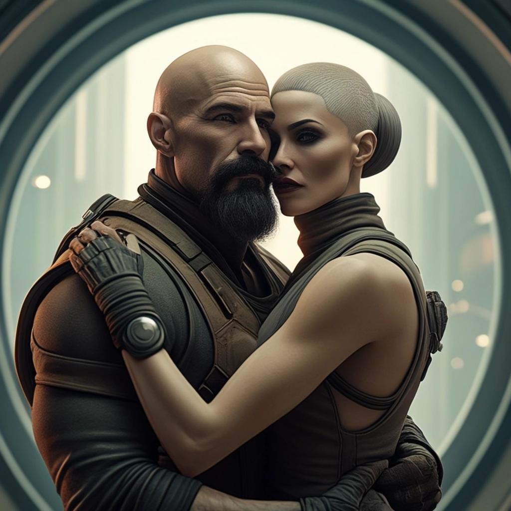 Image with seed 192547467 generated via Stable Diffusion through @stablehorde@sigmoid.social. Prompt: a bald strong man with a moustache carrying a motherly bearded woman in a futuristic setting