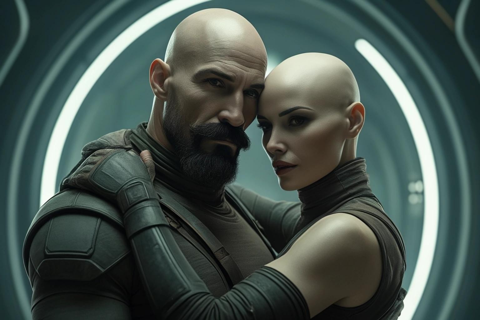 Image with seed 3794034151 generated via Stable Diffusion through @stablehorde@sigmoid.social. Prompt: a bald strong man with a moustache carrying a motherly bearded woman in a futuristic setting