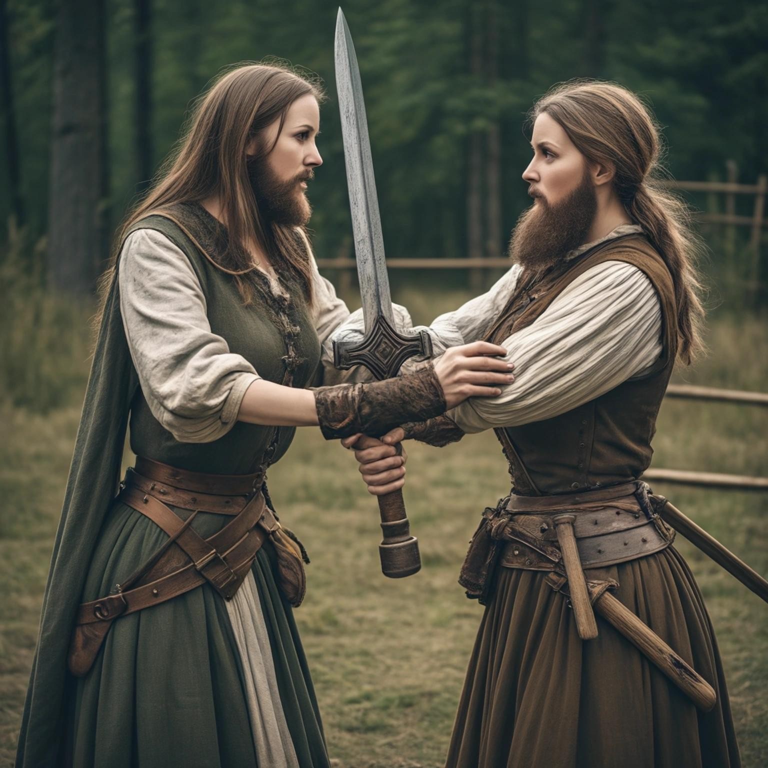 Image with seed 712948546 generated via Stable Diffusion through @stablehorde@sigmoid.social. Prompt: a picture of a motherly bearded woman defending a wooden pirtal with a claymore