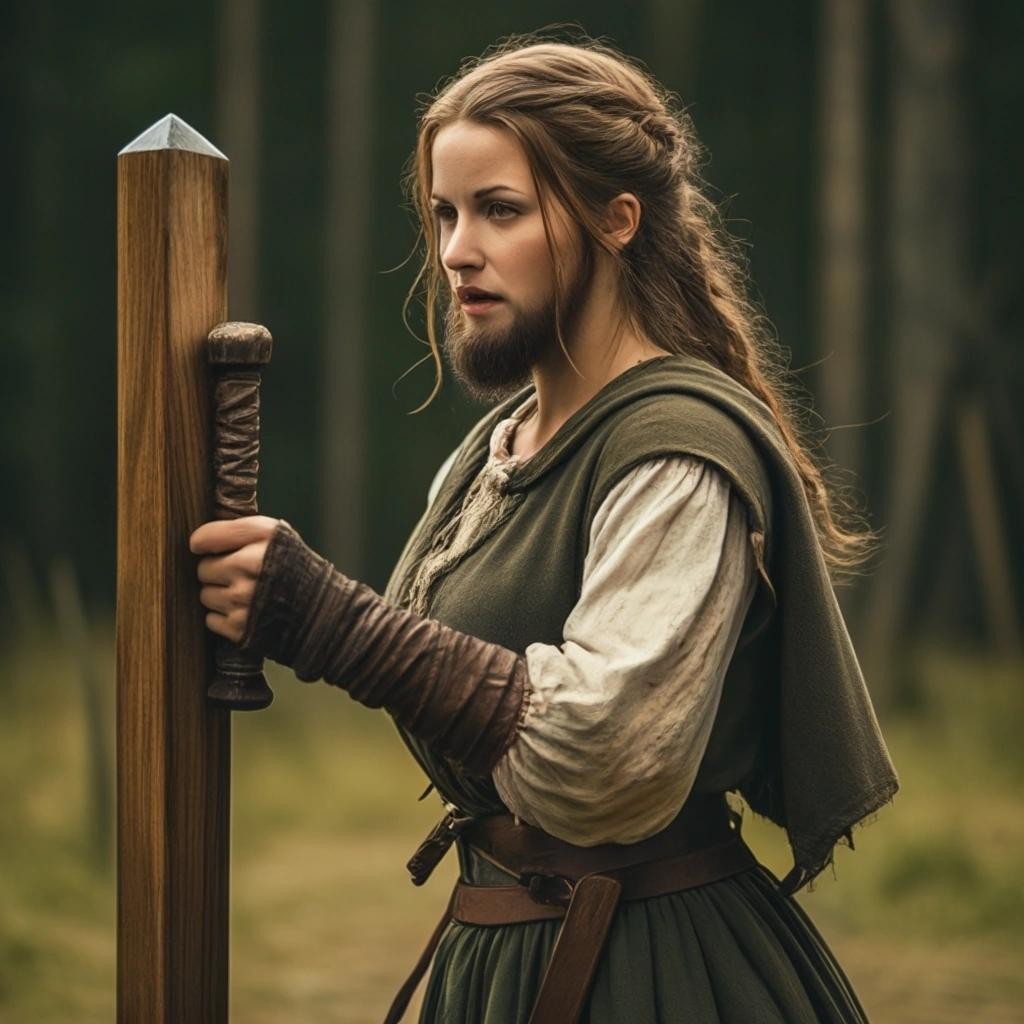 Image with seed 3068087409 generated via Stable Diffusion through @stablehorde@sigmoid.social. Prompt: a picture of a motherly bearded woman defending a wooden pirtal with a claymore