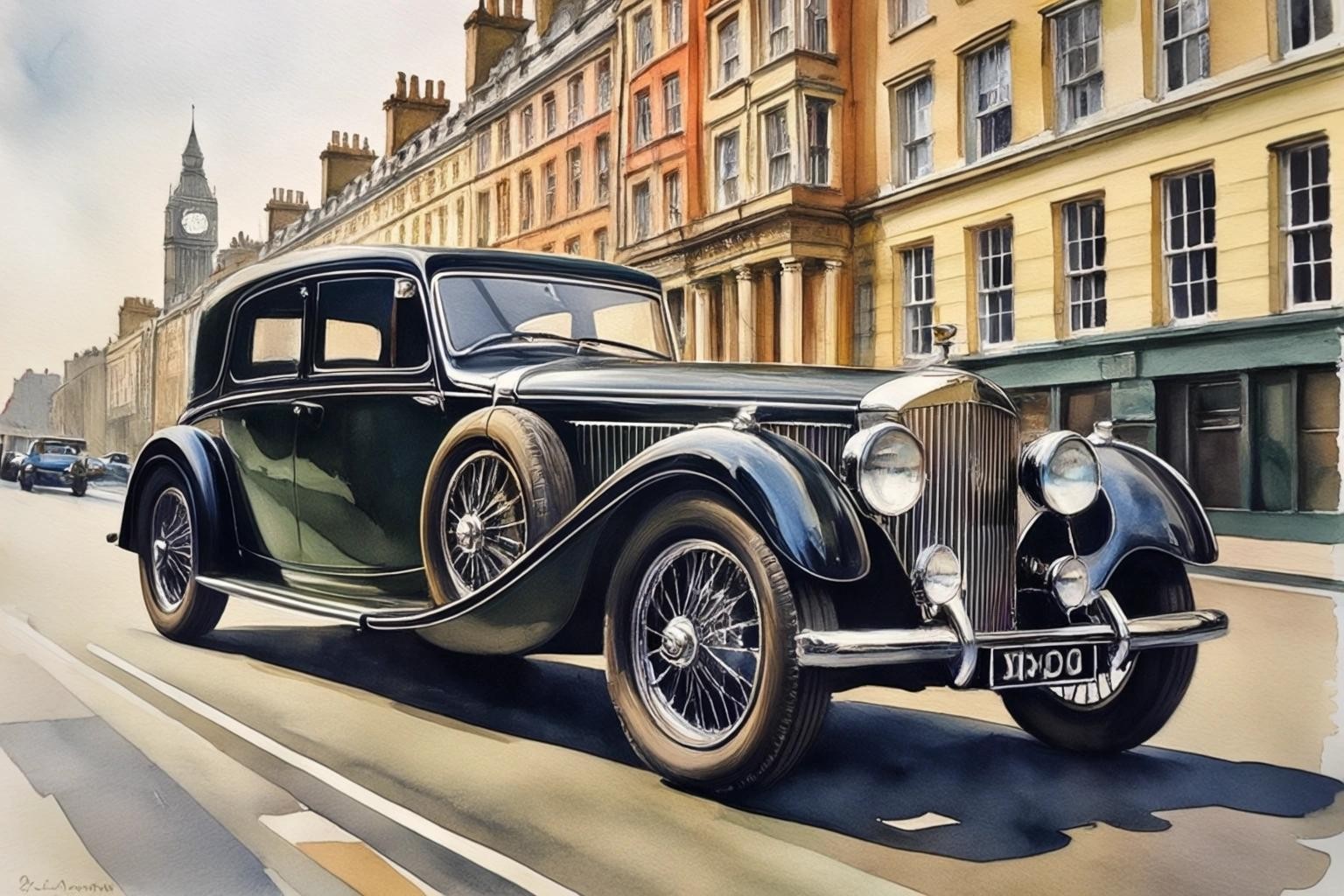 Image with seed 1016523067 generated via Stable Diffusion through @stablehorde@sigmoid.social. Prompt: A 1935 Bentley in London, watercolour