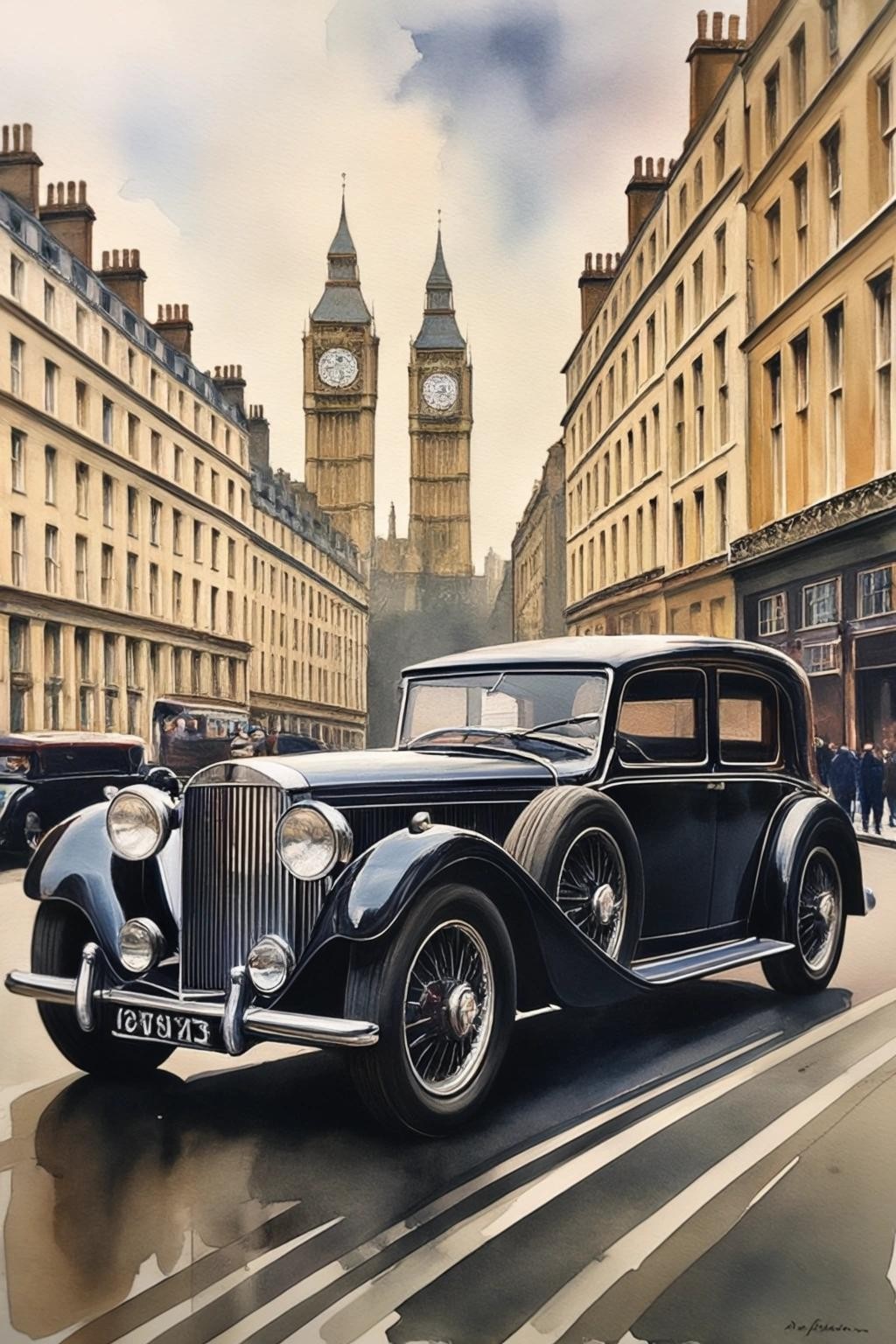 Image with seed 1312934510 generated via Stable Diffusion through @stablehorde@sigmoid.social. Prompt: A 1935 Bentley in London, watercolour