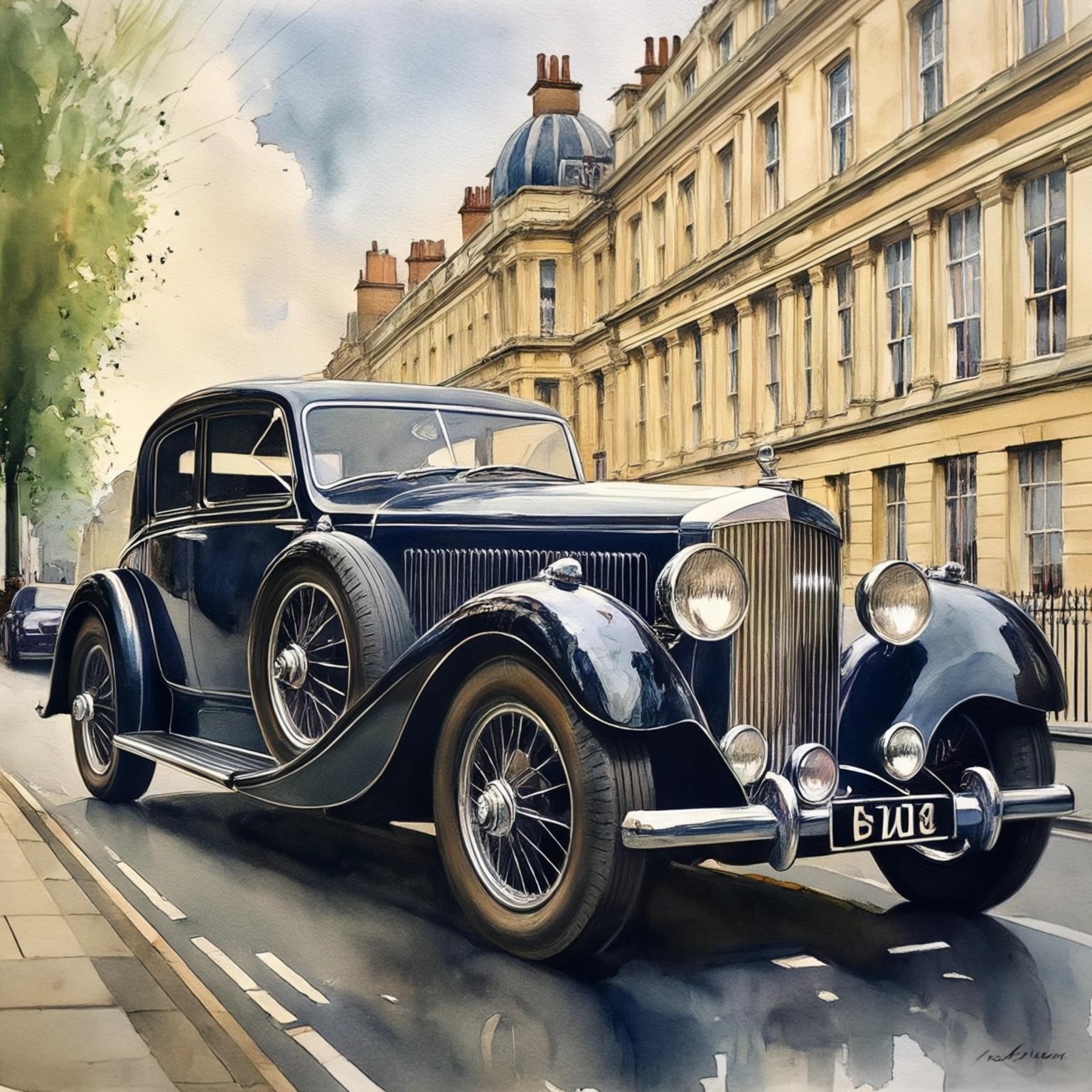 Image with seed 1988224236 generated via Stable Diffusion through @stablehorde@sigmoid.social. Prompt: A 1935 Bentley in London, watercolour