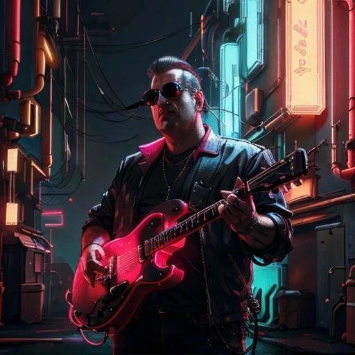 Image with seed 1634706486 generated via Stable Diffusion through @stablehorde@sigmoid.social. Prompt: synth rocker tony soprano doing a show at the jersey pork factory , CyberpunkAI, neon