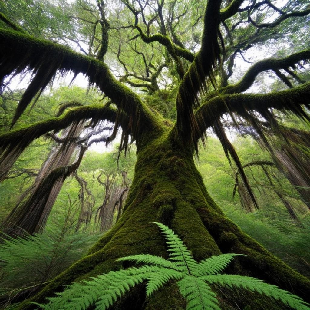 Image with seed 670336699 generated via Stable Diffusion through @stablehorde@sigmoid.social. Prompt: an invasive velvet mesquite in a temperate rainforest