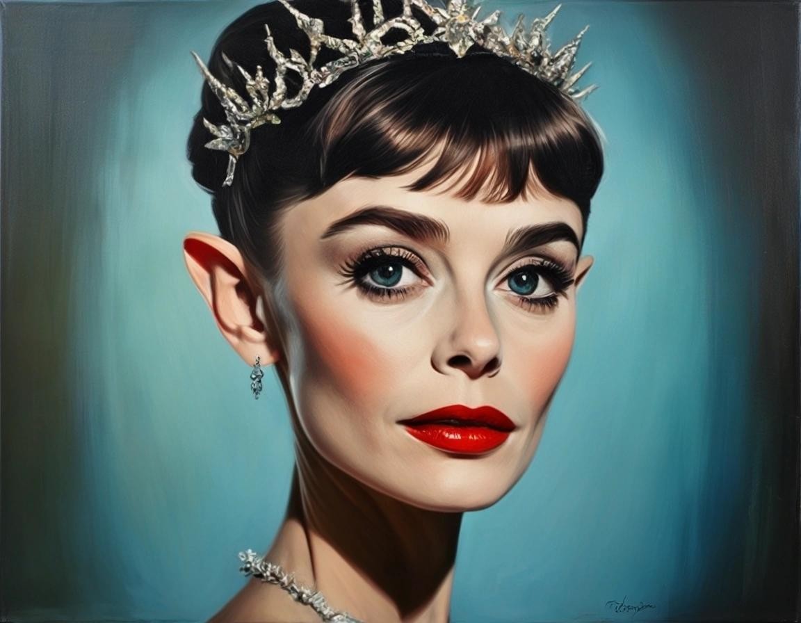 Image with seed 2766031856 generated via Stable Diffusion through @stablehorde@sigmoid.social. Prompt: Elf Queen Audrey Hepburn, oil on canvas
