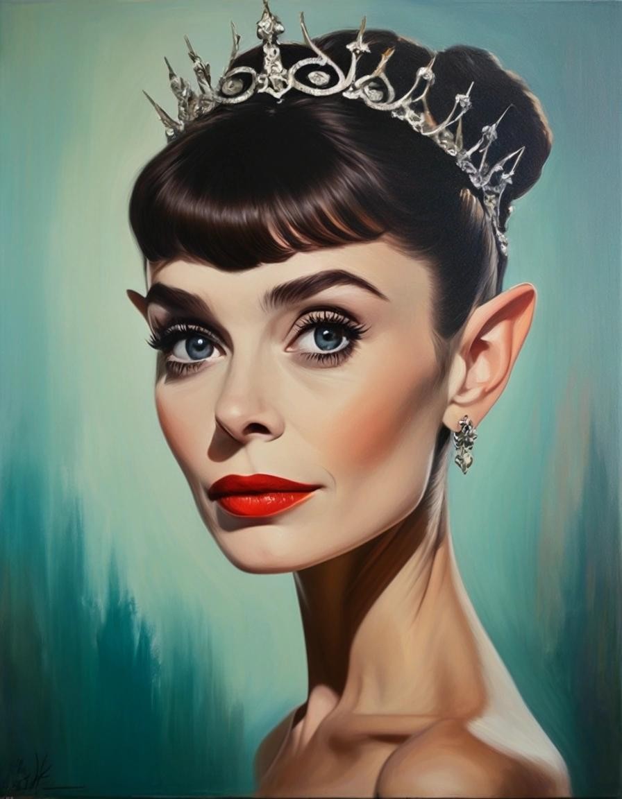 Image with seed 150460120 generated via Stable Diffusion through @stablehorde@sigmoid.social. Prompt: Elf Queen Audrey Hepburn, oil on canvas