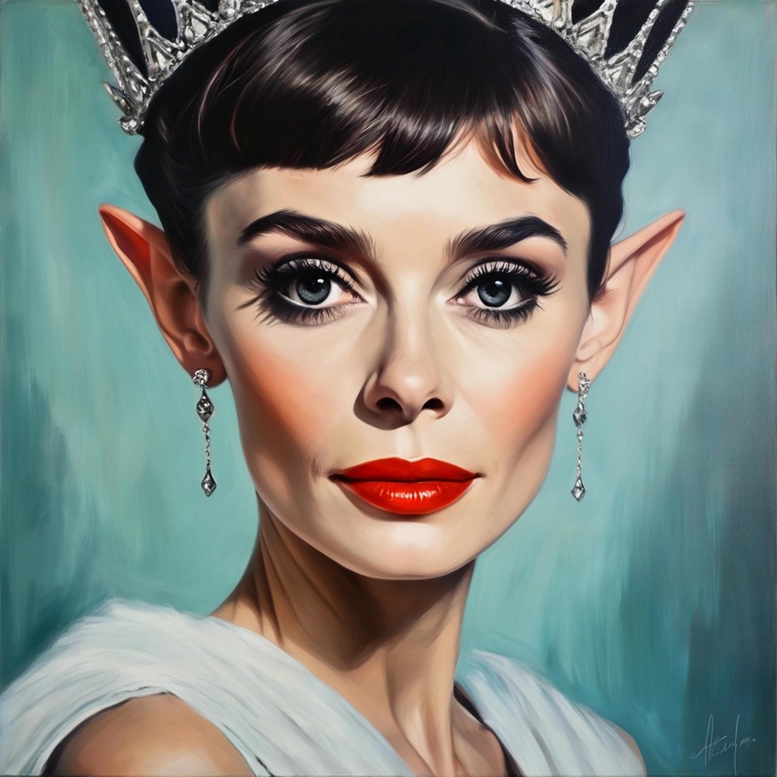 Image with seed 161342586 generated via Stable Diffusion through @stablehorde@sigmoid.social. Prompt: Elf Queen Audrey Hepburn, oil on canvas