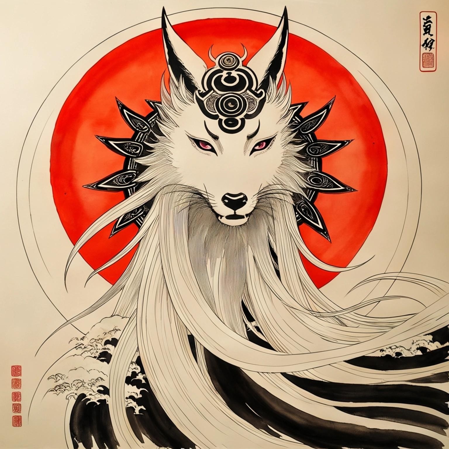 Image with seed 1450548498 generated via Stable Diffusion through @stablehorde@sigmoid.social. Prompt: Japanese ink painting of Amaterasu