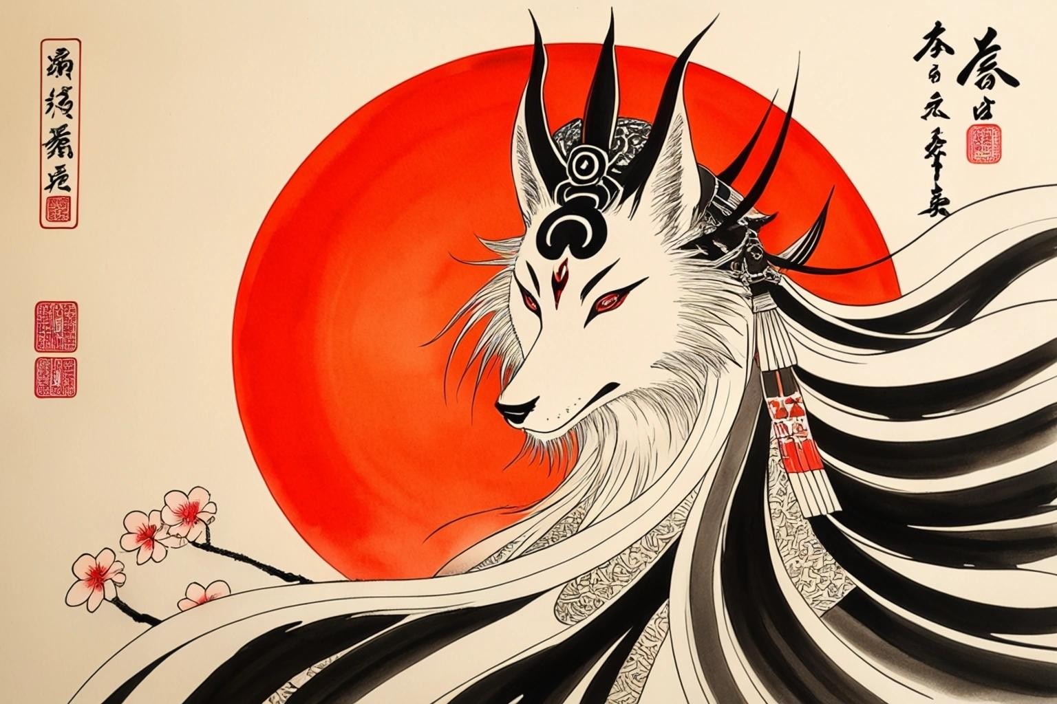 Image with seed 944199496 generated via Stable Diffusion through @stablehorde@sigmoid.social. Prompt: Japanese ink painting of Amaterasu